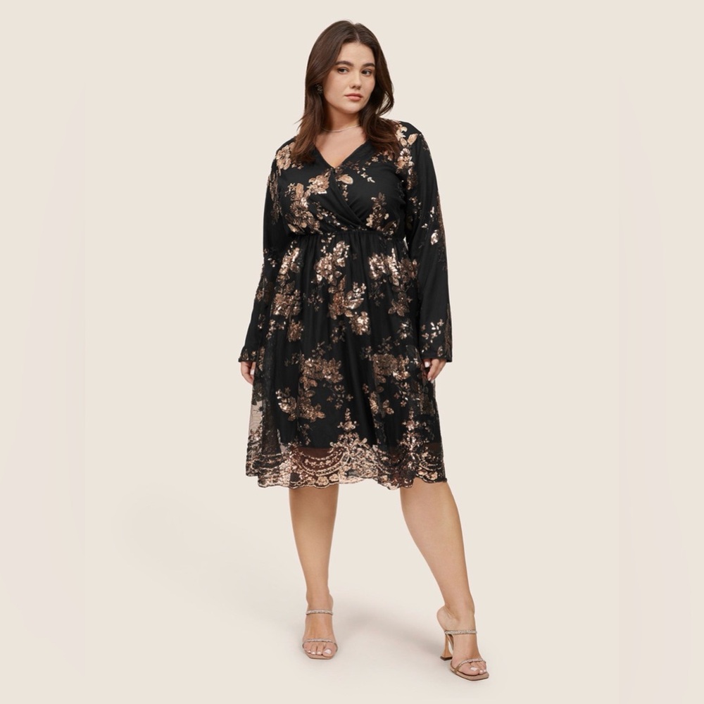 BloomChic Black Long Sleeve Dress with Rose Gold Sequin Floral Embroidery